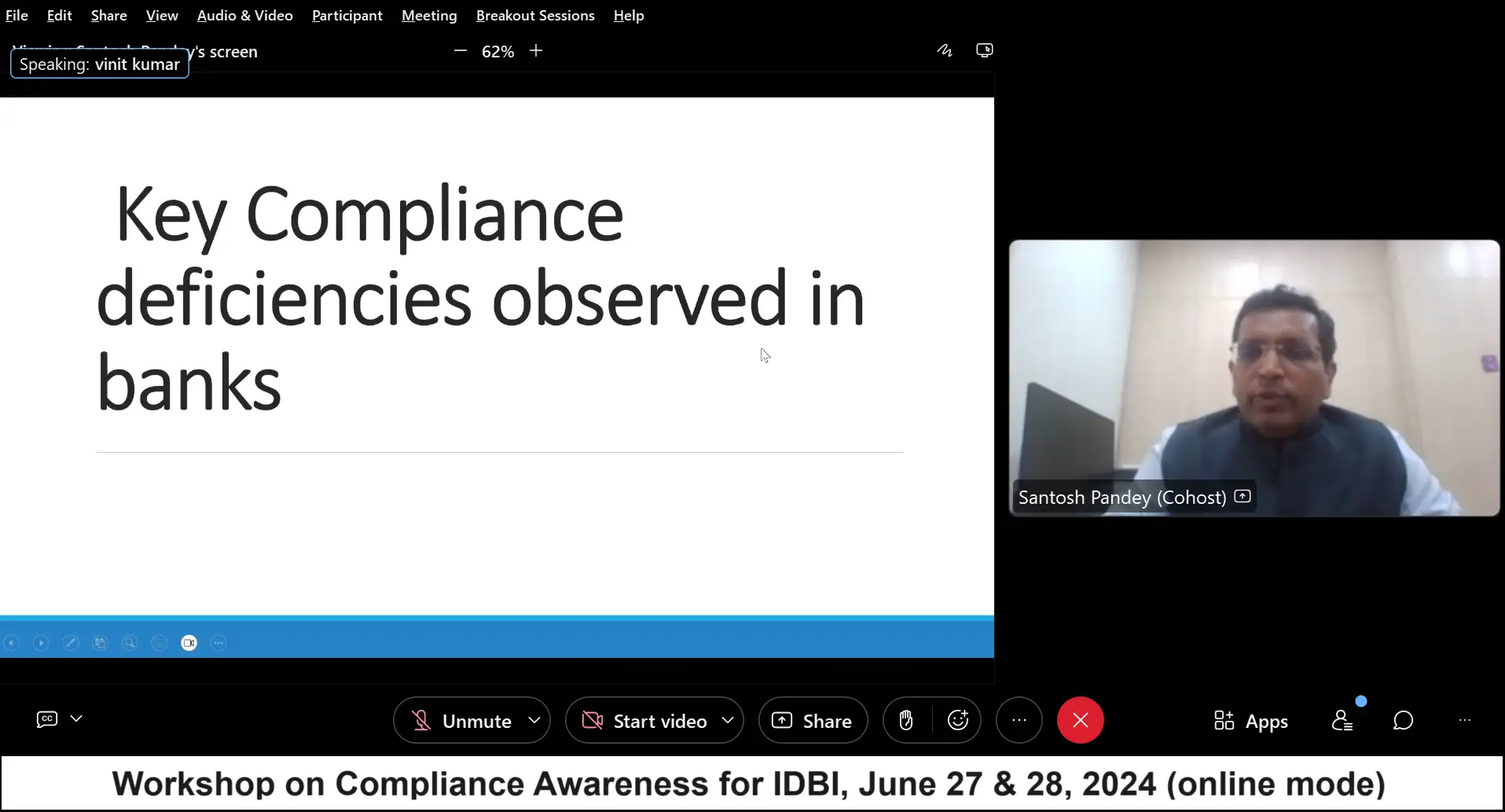 Workshop on Compliance Awareness for IDBI: June 27 & 28, 2024 (online mode)