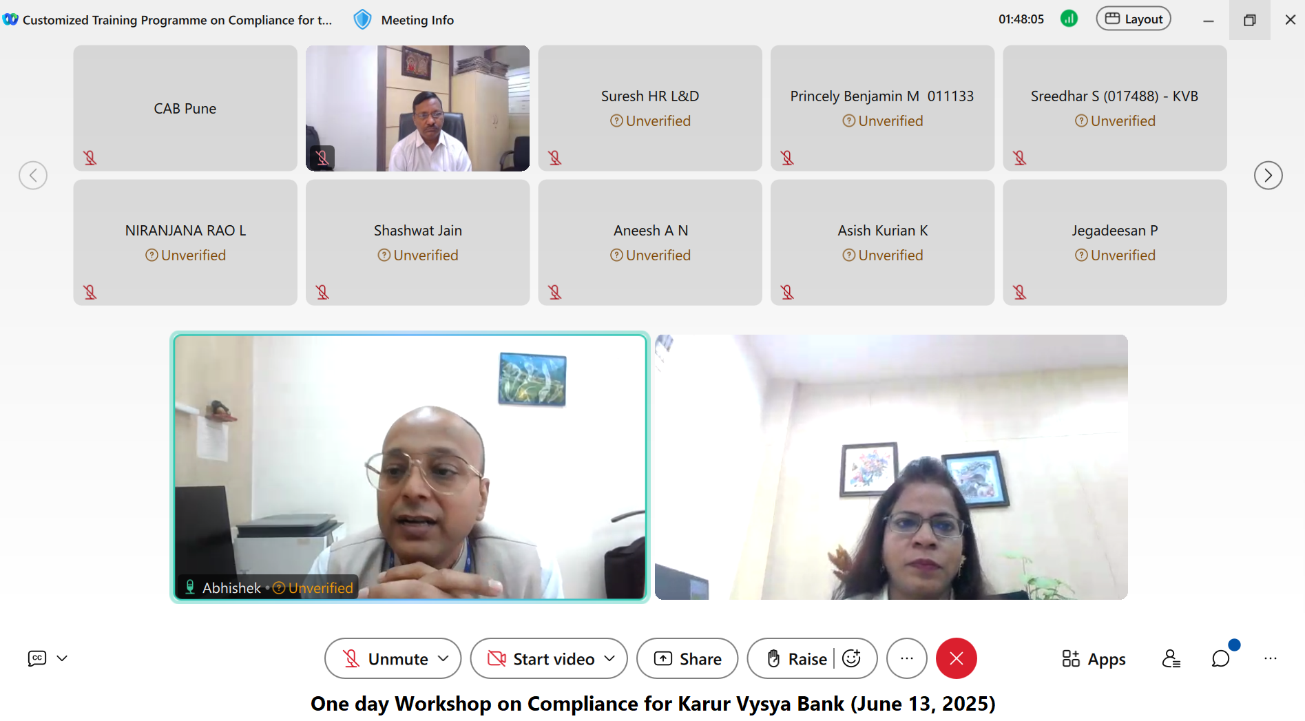 One day Workshop on Compliance for Karur Vysya Bank: June 13, 2025 (online mode)